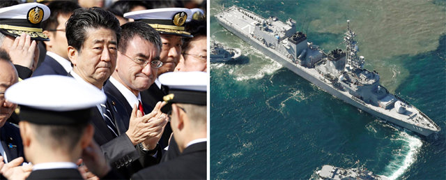 해상자위대 중동 출항 보러나온 아베 아베 신조 일본 총리와 고노 다로 일본 방위상(왼쪽 사진 왼쪽부터)이 2일 도쿄 근교 가나가와현 요코스카에서 열린 해상자위대 호위함 ‘다카나미’함의 중동 파견 행사에서 박수를 치고 있다. 일본 정부는 지난해 12월 자국 선박의 안전을 위한 정보수집 명목으로 호위함의 중동 파견을 결정했다. 이날 다카나미함이 약 200명의 자위대원을 태우고 중동으로 출항하고 있다. 요코스카=AP 뉴시스