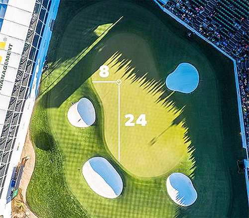 3일 막을 내린 미국프로골프(PGA)투어 웨이스트 매니지먼트 피닉스 오픈 최종 라운드 16번홀(파3)의 홀 위치. 그린 위쪽으로 24걸음, 왼쪽으로 8걸음이 만나는 지점에 마련했는데, 8과 24는 지난주 헬리콥터 사고로 사망한 농구 스타 코비 브라이언트가 현역 시절 사용했던 등번호다. 사진 출처 PGA 트위터