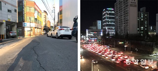 6일 대구 달서구 죽전동의 한 도로. 인근 신세계 빌리브 메트로 뷰 아파트 공사로 인해 바닥에 균열이 생겼다. 달서구는 터 파기 작업 때문에 일대 도로와 주택에 균열이 일어났다고 판단하고 최근 공사 중지 명령을 내렸다. 오른쪽 사진은 같은 날 오후 6시 반경 대구 달서구 용산네거리 일대가 차량으로 붐비고 있는 모습. 이곳은 평소 출퇴근길 정체가 심해 주민들이 큰 불편을 호소한다. 주변에 대규모 아파트 신축이 잇따라 더 혼잡해질 것으로 보인다. 명민준 기자 mmj86@donga.com