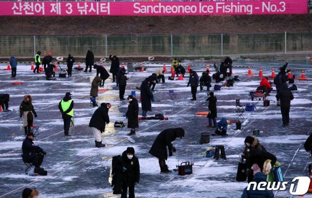 8일 이른 아침부터 강원 화천군 2020화천산천어축제장 얼음낚시터에서 관광객들이 산천어를 낚시를 즐기고 있다. 화천군은 이날부터 얼음낚시터를 재개했다.2020.2.8/뉴스1 © News1