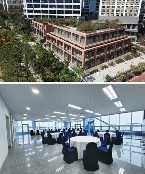 (위)광교 SK뷰 레이크몰 외부 전경. (아래) 40층 컨벤션시설 내부 전경