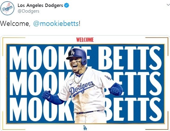 LA 다저스 이적이 공식 발표된 무키 베츠 (LA 다저스 SNS 캡처).