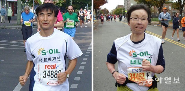 김형배 씨(왼쪽)와 이지선 씨가 각각 2008년 베를린 마라톤, 2009년 뉴욕 마라톤에서 달리고 있다. 이들은 모두 푸르메재단의 자선기금 모금을 위해 마라톤 코스 42.195km를 완주했다. 동아일보DB