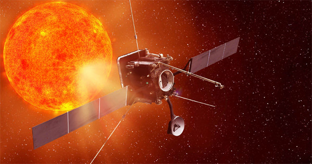 유럽우주국(ESA)과 미국 항공우주국(NASA)이 공동 제작한 태양 탐사선 ’솔라 오비터’가 10일(한국 시간) 발사됐다. 태양 지름의 약 60배 거리까지 접근하는 만큼 강한 태양열에 견디기 위한 방열 기술을 적용했다. 사진은 태양에 접근한 솔라 오비터의 상상도. 에어버스 제공