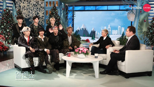 지난해 미국 유명 토크쇼 ‘엘렌 드제너러스 쇼(The Ellen DeGeneres Show)’에 출연한 방탄소년단. 사진제공｜라이프타임