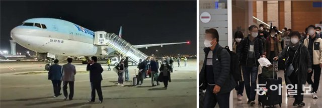 텔아비브 공항서 못 내리고… 되돌아온 130명 22일 이스라엘 텔아비브 벤구리온 국제공항에 도착한 인천발 대한항공 여객기에서 이스라엘 국적 승객들만 내려 걸어 나오고 있다(왼쪽 사진). 최근 한국에 신종 코로나바이러스 감염증이 확산하고 있다는 이유로 나머지 승객과 승무원은 입국을 거부당했다. 23일 같은 비행기를 타고 인천국제공항으로 되돌아온 승객들이 입국장으로 나오는 모습(오른쪽 사진). 예루살렘포스트 캡처 / 인천=양회성 기자 yohan@donga.com