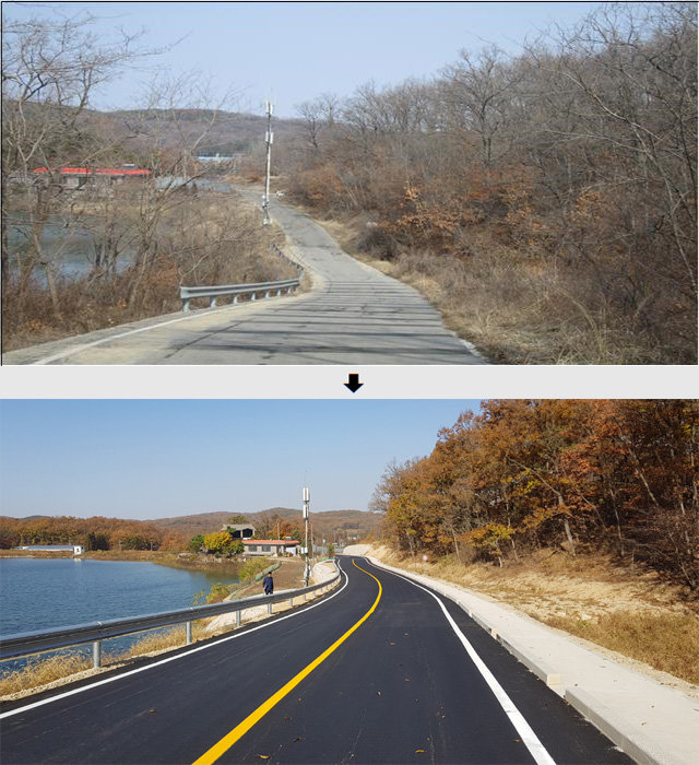 인천 강화군 교산저수지∼서사체험장 구간 지방도로 구조 개선 사업 전과 후 비교. 행정안전부 제공