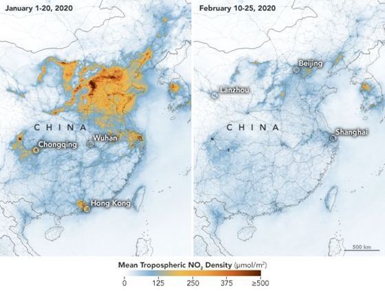 미국 항공우주국(NASA·나사)이 중국을 찍은 위성 사진. 왼쪽은 1월 1일~20일 사이의 대기로, 이산화질소 등 대기오염 물질이 예년보다 대폭 줄어든 것을 보여준다. 그후  지난 2월10~25일 사이의 대기는 더욱 깨끗해져서 오염 물질이 거의 보이지 않는다.  © 미국 항공우주국(NASA)