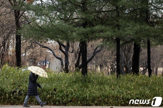 서울 성동구 서울숲에서 우산을 쓴 시민이 산책을 하고 있다. © News1