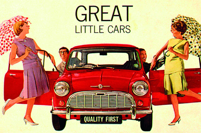 ‘위대한 작은 차들’로 홍보한 미니(MINI)의 광고 포스터. 수에즈 운하 운영권을 둘러싸고 이집트와 영국 프랑스가 충돌한 수에즈 위기의 여파로 1958년 5월 탄생한 이 차는 연료소비효율을 높여 제작됐다. 네 명의 성인이 탑승하기 충분한 크기였다. 안전벨트나 라디오는 없었다. 웅진지식하우스 제공