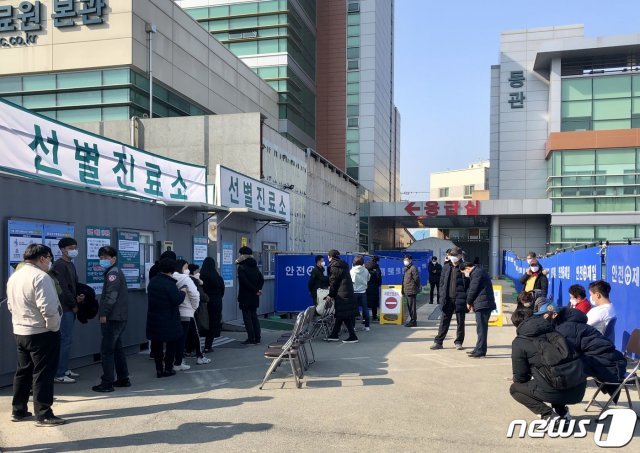 국가지정격리병상인 대구의료원 선별진료소 앞에 검사를 받으려는 시민들이 줄지어 서 있다. 2020.2.20. © News1