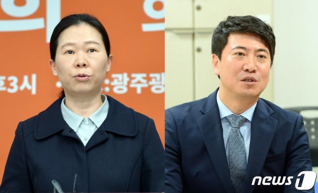 광주 광산을 지역구 불출마를 선언한 권은희 국민의당 의원과 민생당에 입당해 광산을에 도전하는 최순실 저격수 노승일 후보. 2020.3.10/뉴스1 © News1