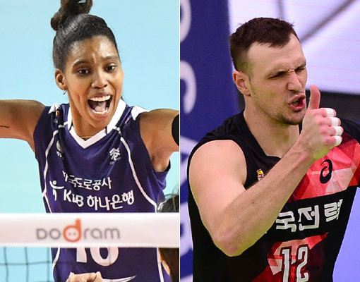 한국도로공사 산체스(왼쪽)-한국전력 가빈. 사진제공｜KOVO·스포츠동아DB