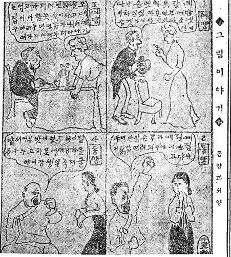1920년 4월 19일자 4칸 만화. 동서양 남녀관의 차이를 흥미롭게 그려냈다.