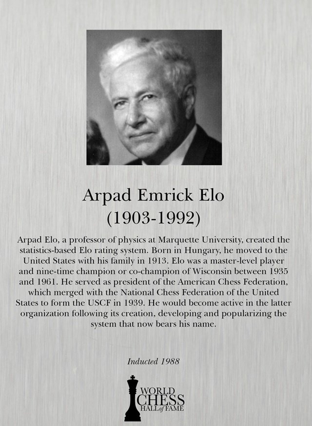 세계 체스 명예의 전당에 있는 아르파드 엘로 박사 현판. 세계 체스 명예의 전당 홈페이지