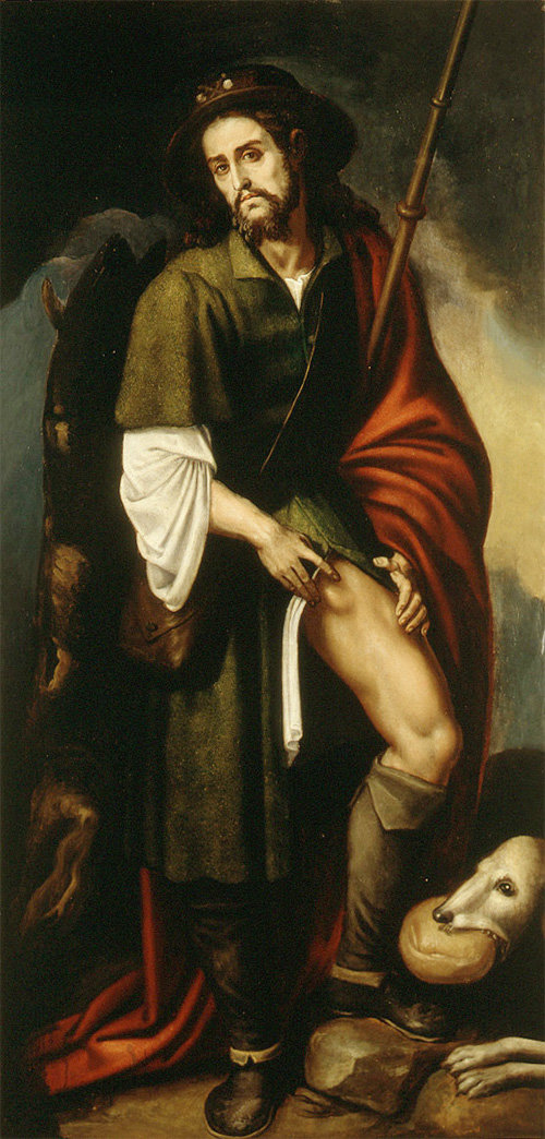 프란체스코 리발타 ‘성인 로코’ 1625년. 허벅지의 전염병 상처를 손으로 가리키고 있다.