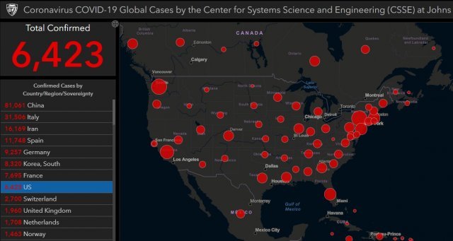 존스홉킨스대학의 신종 코로나바이러스 감염증(코로나19) 실시간 미국 통계 현황