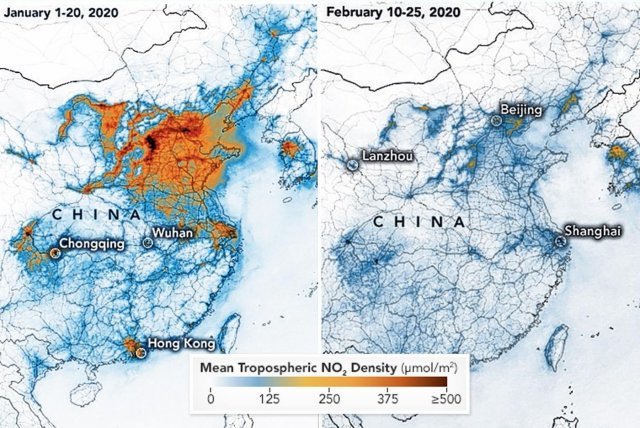 미국 항공우주국(NASA)이 공개한 중국의 1월과 2월 위성사진. 왼쪽 1월 사진엔 대기 중 이산화질소 농도가 높은 반면, 코로나19 사태로 생산시설이 가동을 멈춘 2월엔 깨끗한 대기상태를 보이고 있다. © 뉴스1