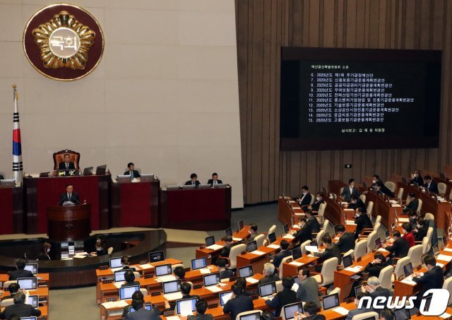 김재원 국회 예산결산특별위원장이 17일 오후 서울 여의도 국회에서 열린 제376회국회(임시회) 제11차 본회의에서 2020년도 제1회 추가경정예산안 심사보고를 하고 있다.  © News1