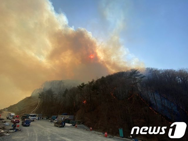 19일 오후 1시47분께 울산 울주군 웅촌면 대복리 502 일원 야산에서 불이 나 연기가 퍼지고 있다. 2020.3.19/뉴스1 © News1