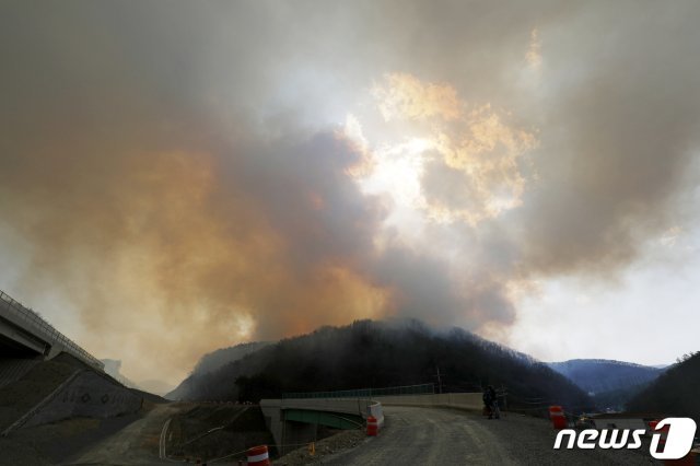 19일 오후 1시47분께 울산 울주군 웅촌면 대복리 502 일원 야산에서 불이 나 연기가 치솟고 있다. 2020.3.19/뉴스1 © News1