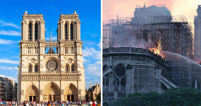 13세기 초 짓기 시작해 14세기에 완공된 프랑스 파리 노트르담성당(왼쪽 사진)은 프랑스 고딕 양식의 대표적인 건축물로 꼽힌다. 하지만 2019년 4월 15일 발생한 화재로 첨탑 등 중요한 구조물 상당수가 파손됐다. 게티이미지코리아·위키미디어