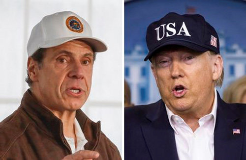 신종 코로나바이러스 감염증(코로나19) 사태 발발 이후 앤드루 쿠오모 뉴욕 주지사(왼쪽 사진)는 뉴욕 긴급구조대의 모자를, 도널드 트럼프 미 대통령은 ‘미국’이라고 쓰인 모자를 즐겨 썼다. NBC 뉴스 캡처