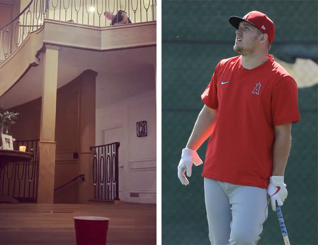 마이크 트라우트가 25일 자신의 인스타그램에 올린 골프 트릭샷 영상 캡처(왼쪽 사진). 메이저리그를 대표하는 강타자(오른쪽 사진)이기도 한 그는 야구장 밖에서는 골프를 즐긴다. 사진 출처 마이크 트라우트 인스타그램·AP 뉴시스