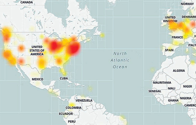 29일 현재 북미, 유럽을 중심으로 넷플릭스 서비스의 장애가 나타나고 있다. 붉은색에 가까울수록 더 많은 오류 보고가 일어났음을 뜻한다. 자료: 다운디텍터