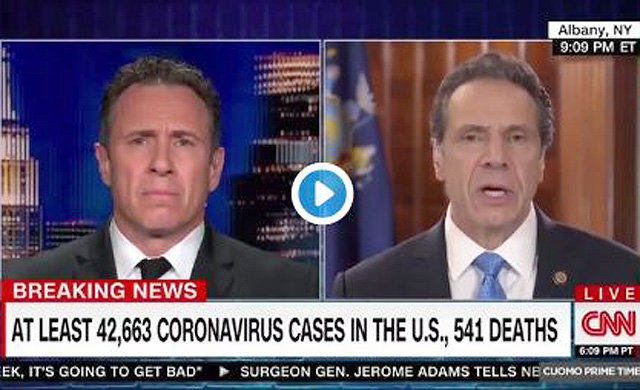 지난달 16일 크리스 쿠오모 CNN 앵커(왼쪽)가 형 앤드루 쿠오모 뉴욕 주지사와 뉴욕주의 신종 코로나바이러스 감염증 대책에 관한 인터뷰를 진행하고 있다. CNN 캡처