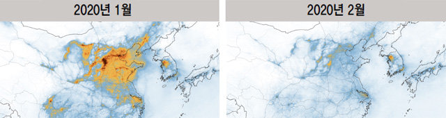 중국의 이산화질소 농도 비교 중국 후베이성 우한시의 이산화질소 농도를 비교했다. 지도 위에 짙게 표시된 부분이 이산화질소 농도가 높은 곳이다. 1월에는 중국 전역에서 이산화질소 농도가 높았지만, 2월에는 일부 지역을 제외하고는 확연히 줄었다. 미국항공우주국 제공