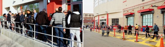 미국 실업자들이 실업수당을 신청하기 위해 순서를 기다리고 있다(왼쪽). 미국 시민들이 식료품을 사고자 한 쇼핑몰 앞에 줄을 서 있다. [Las Vegas RJ, 위키피디아]