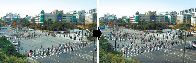 대각선 횡단보도가 설치되기 전의 서울 서대문구 연세대 정문 앞 교차로 모습(왼쪽 사진)과 설치 후 모습을 반영한 
조감도(오른쪽 사진) . 대각선 횡단보도는 기존의 직선 횡단보도와 달리 교차로에서 원하는 방향으로 한 번에 건널 수 있는 대표적인
 보행 친화적 교통시설이다. 서울시 제공