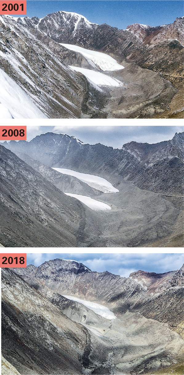 중국 서부 신장위구르에 있는  빙하 ‘톈산(天山) 1호’의 면적이 해가 갈수록 줄어드는 모습. 자료: 홍콩 밍보