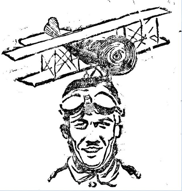 1920년 5월 13일자 동아일보 지면에 실린 페라린 중위와 ‘스파’식 비행기. 사진을 쓰지 않고 인물과 사물의 특징을 살린 캐리커쳐로 표현해 이채롭다.