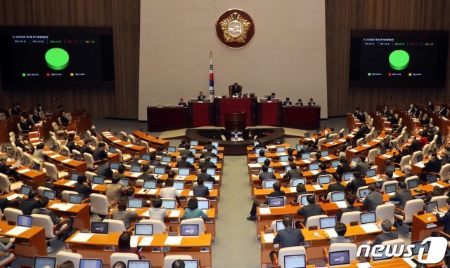 문희상 국회의장과 의원들이 17일 오후 서울 여의도 국회에서 열린 제376회국회(임시회) 제11차 본회의에서 2020년도 제1회 추가경정예산안을 의결하고 있다. 2020.3.17/뉴스1 © News1