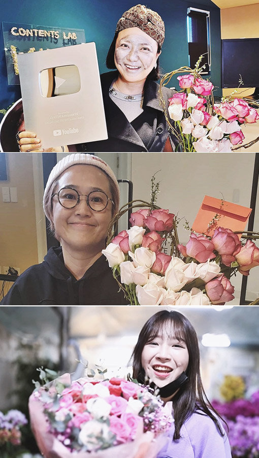 ‘선한 영향력의 확산!’ 방송인 김숙과 송은이, 유튜버 쯔양(위쪽부터) 등 연예인과 유명인들이 신종 코로나바이러스 감염증 사태로 어려움을 겪는 화훼 농가들을 돕기 위해 ‘부케 챌린지’를 펼쳤다. 사진출처｜각 SNS