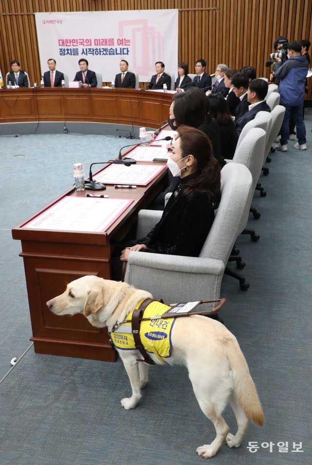 미래한국당 선대위 해단식이 국회에서 열렸다. 시각장애인 피아니스트 김예지씨와 안내견 조이가 같이 참석했다.