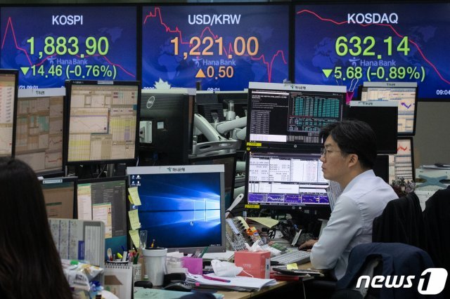 서부텍사스산원유(WTI) 선물이 사상 처음 마이너스를 기록한 21일 서울 중구 명동 하나은행 딜링룸 전광판에 코스피 지수가 14.46p(-0.76%) 하락한 1,883.90을 나타내고 있다. 2020.4.21/뉴스1 © News1