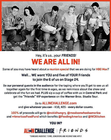 미국 유명 드라마 ‘프렌즈’ 출연진 6명이 등장한 자선경매 ‘올인 챌린지’ 안내 포스터. 프렌즈 공식 인스타그램 캡처