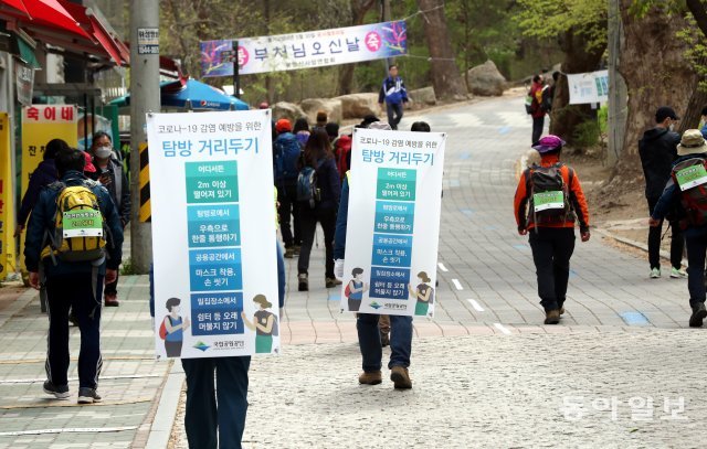 탐방 거리두기 홍보물을 매고 함께 등반하는 공단 직원들