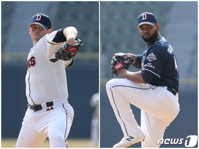 두산 베어스 외국인 투수 크리스 플렉센(왼쪽)과 라울 알칸타라. (두산 베어스 제공) © 뉴스1