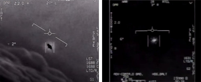 미국 국방부가 27일(현지 시간) 공개한 미확인비행물체(UFO) 영상. 왼쪽 사진은 2004년 캘리포니아주 샌디에이고 해안에서 촬영된 영상이고, 오른쪽 사진은 2015년에 촬영된 영상이다. 사진 출처 미국 국방부