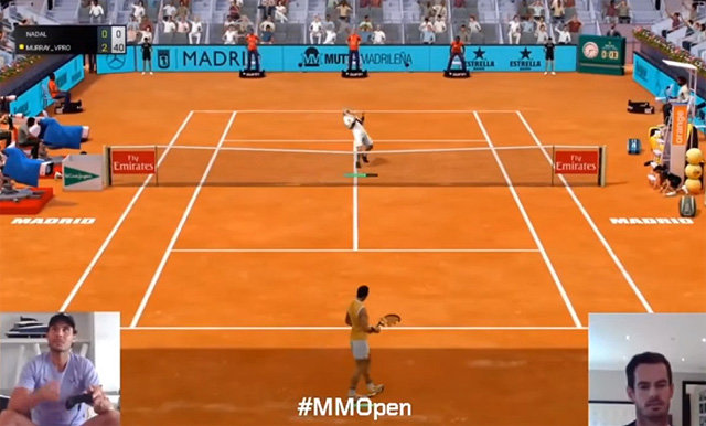 온라인 테니스 게임 ‘테니스 월드 투어’를 통해 열린 ‘마드리드 오픈 버추얼 프로’ 예선에서 세계 랭킹 2위 라파엘 나달(왼쪽 아래)과 대결하고 있는 앤디 머리(오른쪽 아래). 게임 화면에서는 네트 위가 머리, 아래가 나달이다.
ATP 페이스북 캡처