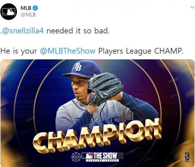 탬파베이 블레이크 스넬이 MLB 야구게임대회 우승을 차지했다. (MLB SNS 캡처)