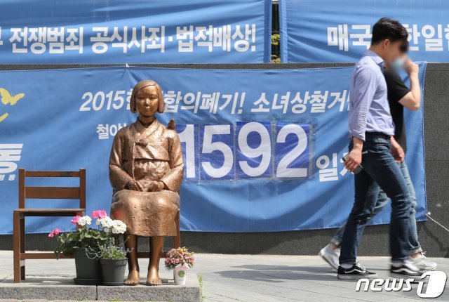 8일 매주 수요일 수요집회가 열리는 서울 종로구 옛 일본대사관 앞 소녀상 뒤로 시민들이 오가고 있다. 2020.5.8/뉴스1 © News1