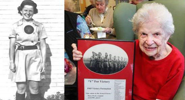 현역 시절의 메리 프랫(왼쪽 사진)과 1943년 전미여자프로야구리그(AAGPBL) 출범 당시 기념 액자를 들고 있는 노년의 모습. 세계 최초의 여자 프로야구를 다룬 영화 ‘그들만의 리그’의 실존 인물이자 마지막 생존자였던 프랫은 7일 101세로 별세했다.전미여자프로야구리그 트위터 캡처