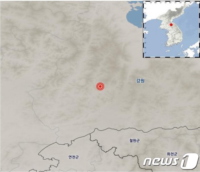 강원지방기상청은 11일 오후 7시45분쯤 북 강원도 평강 북서쪽 32㎞ 지역에서 3.8 규모의 지진이 발생했다고 밝혔다. (강원지방기상청 제공) 2020.5.11 © News1