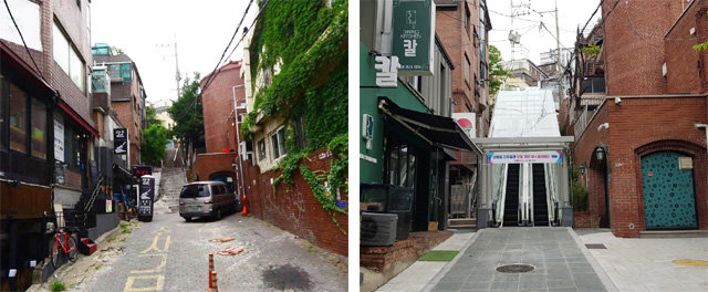 서울 서대문구 신촌동의 가파르고 좁아 걷기 불편했던 낡은 계단과 골목(왼쪽 사진)이 ‘서울형 도시재생사업’을 통해 에스컬레이터가 놓이는 등 깔끔하고 편리하게 단장됐다. 서울시 제공