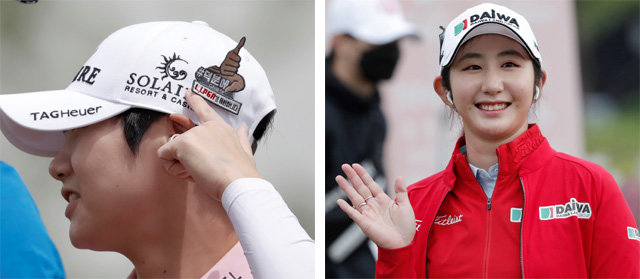 “덕분에” “선두로” KLPGA 챔피언십에 출전한 세계 3위 박성현의 모자에 ‘덕분에 챌린지’ 와펜(모자나 재킷 등에 다는 장식)이 부착돼 있다(왼쪽 사진). 일본여자프로골프(JLPGA)투어에서 뛰고 있는 배선우는 1라운드에서 5언더파로 공동 선두에 올랐다. 양주=AP 뉴시스